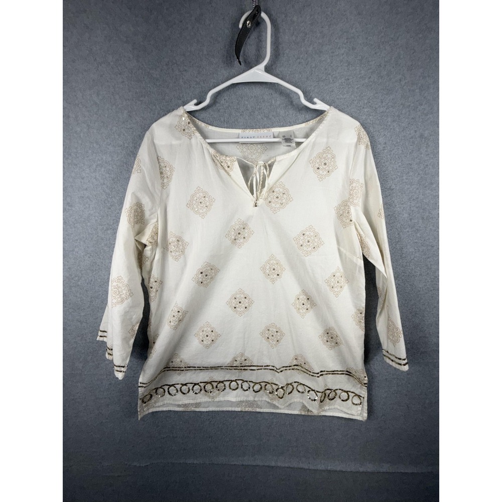 First Issue Blouse Womens‎ Large White Geometric Sequin Tunic Top 3/4 Sleeve